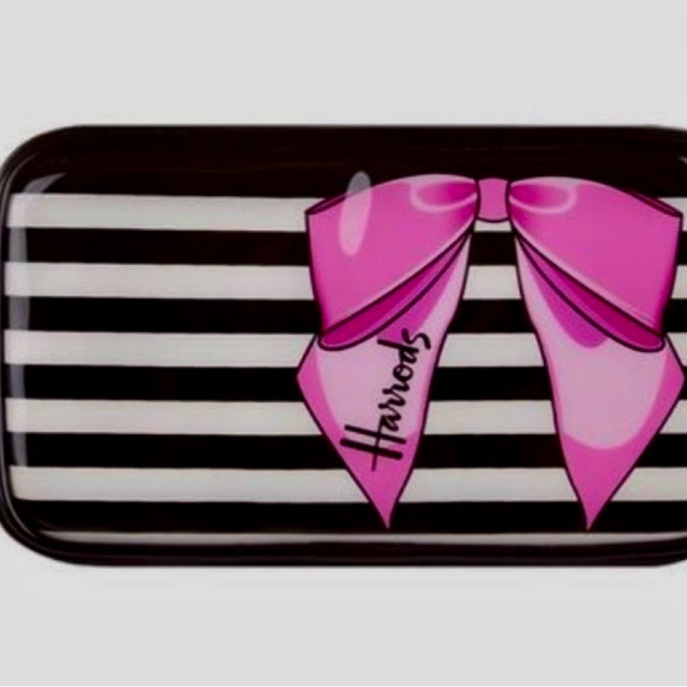 Harrods Black and White Striped Cosmetic Bag with Pink Bow